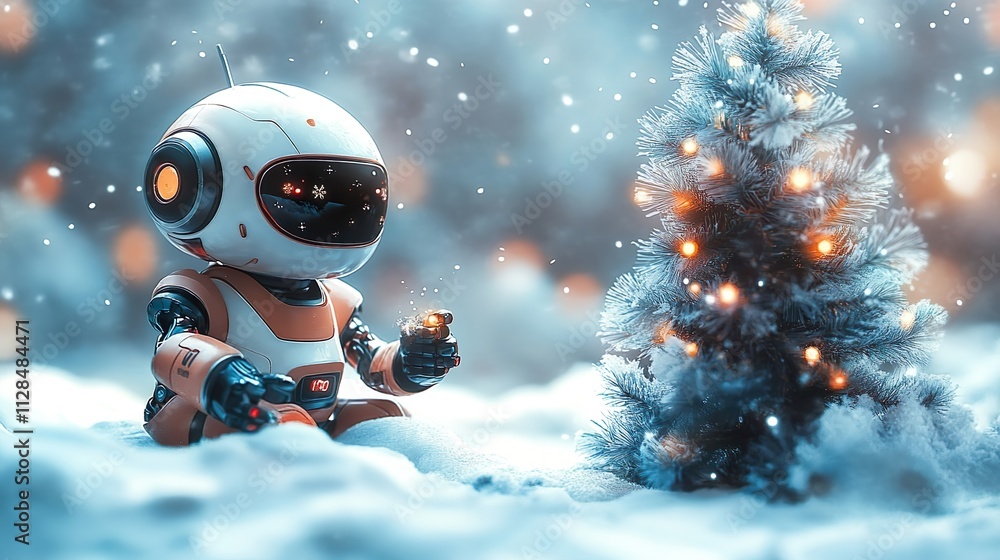 White Robot in Snowy Christmas Scene with Decorated Tree White Robot in Snowy Christmas Scene with Decorated Tree