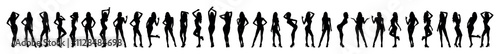 Group sexy women models standing in different poses in a row black silhouettes set collection.