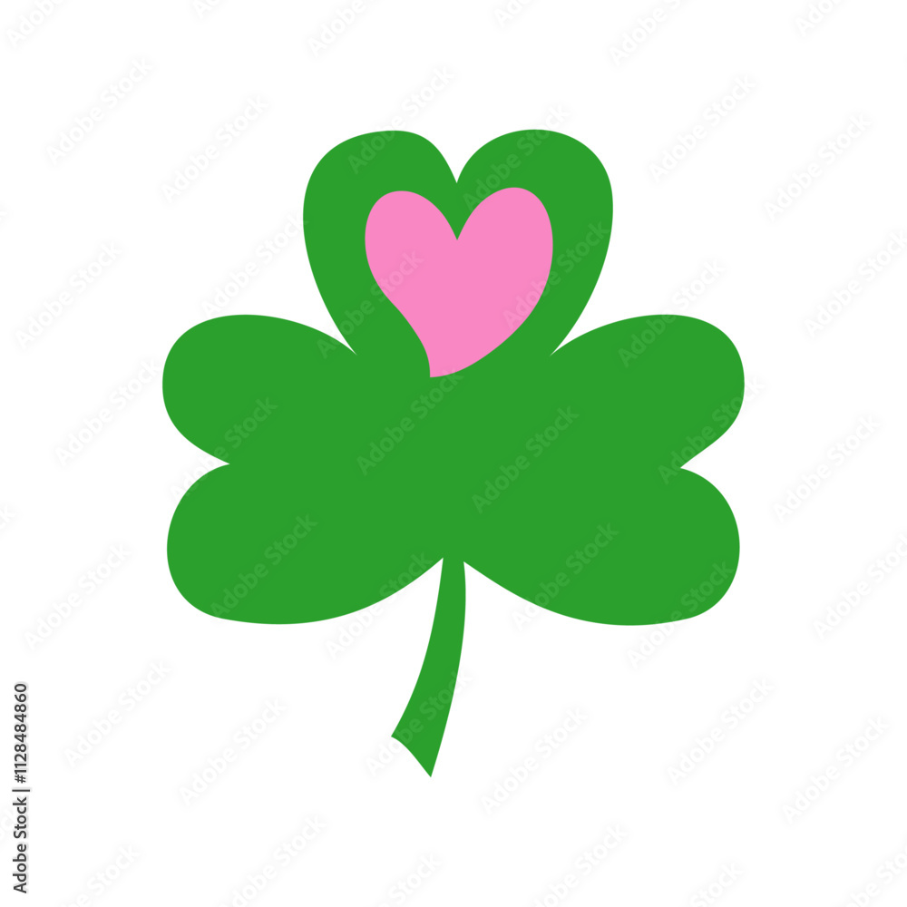 Día de San Patricio. Logo con silueta de trébol de tres hojas con un corazón rosa Día de San Patricio. Logo con silueta de trébol de tres hojas con un corazón rosa