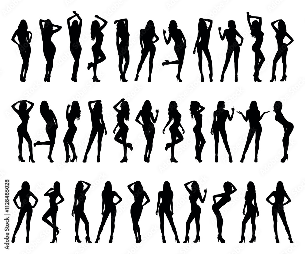Group sexy women models with different poses in row black silhouette set collection. Group sexy women models with different poses in row black silhouette set collection.