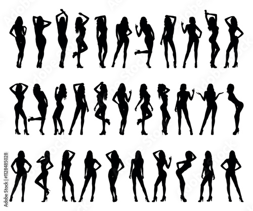 Group sexy women models with different poses in row black silhouette set collection.
