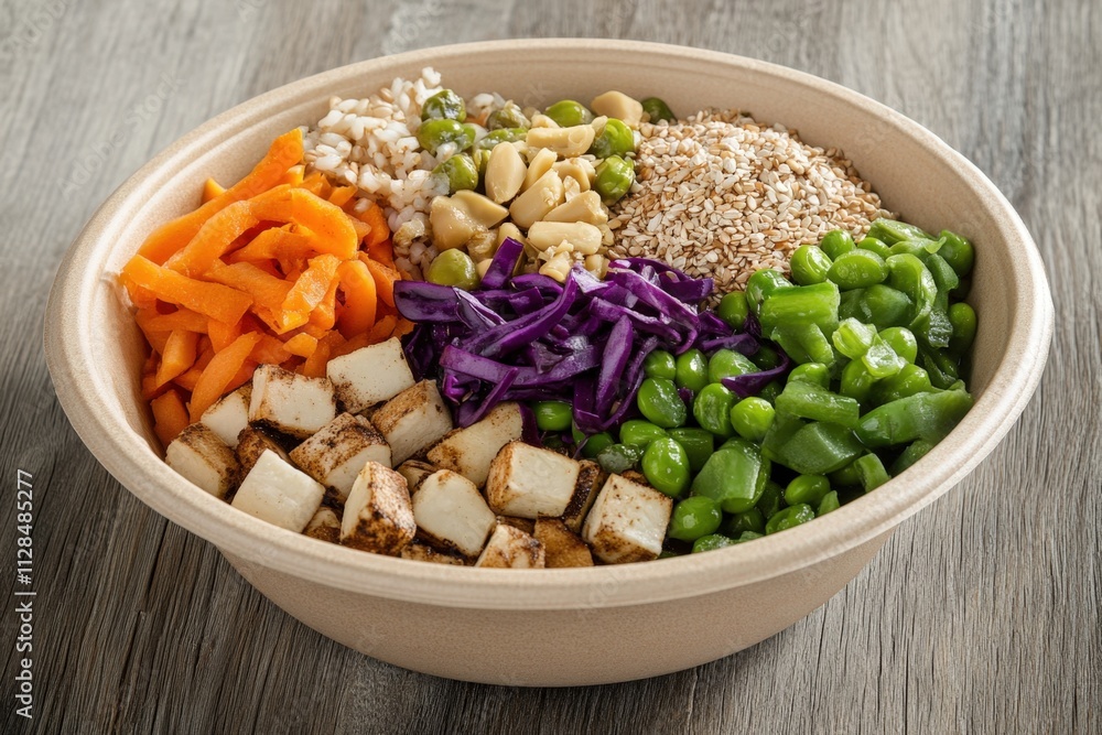 Colorful Vegan Buddha Bowl with Tofu, Vegetables, Grains, and Seeds on Rustic Surface Colorful Vegan Buddha Bowl with Tofu, Vegetables, Grains, and Seeds on Rustic Surface