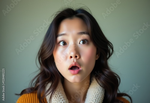 A young woman with dark hair looks surprised with her mouth open.