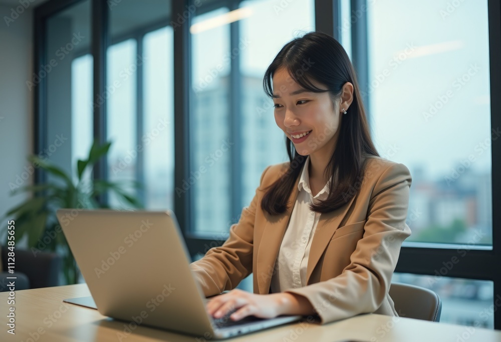 A businesswoman smiles while working on her laptop in a modern office. A businesswoman smiles while working on her laptop in a modern office.