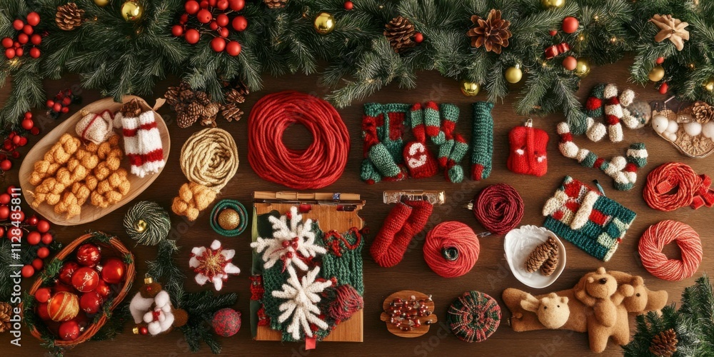 Top view of a crafting area with various Christmas-themed knitting kits, colorful yarn, and finished holiday decorations displayed. Top view of a crafting area with various Christmas-themed knitting kits, colorful yarn, and finished holiday decorations displayed.