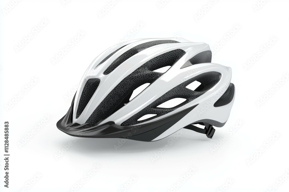 A white and black helmet with a black strap A white and black helmet with a black strap