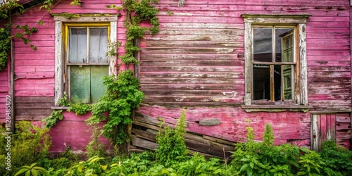 Rustic decay clings to this abandoned pink house, a weathered relic of forgotten times, captured in architectural photography. photo