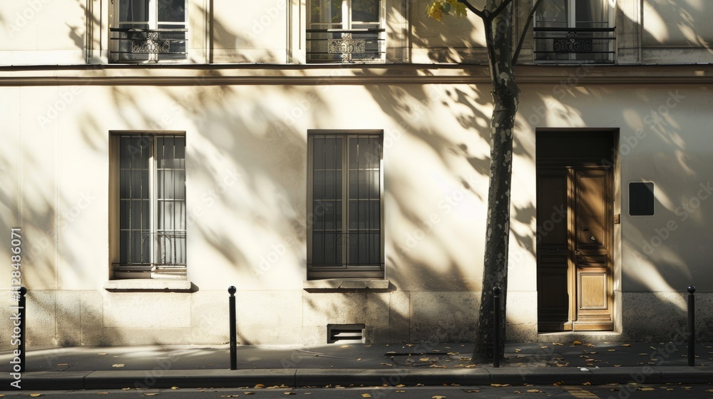 Tranquil Parisian street scene with a modern minimalist building, direct frontal view of a full wall with windows and doors, under warm, soft sunlight on a peaceful afternoon, no people present.