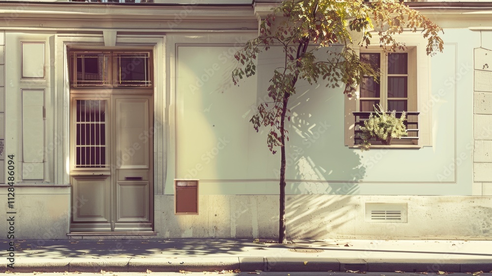Tranquil Parisian street scene with a modern minimalist building, direct frontal view of a full wall with windows and doors, under warm, soft sunlight on a peaceful afternoon, no people present.