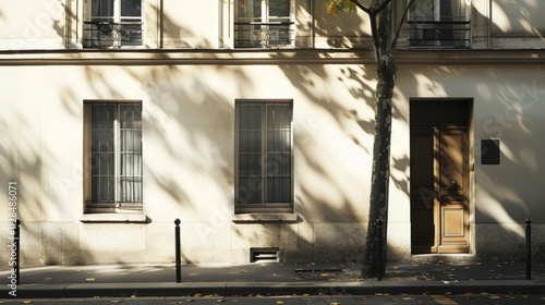 Obraz na płótnie Tranquil Parisian street scene with a modern minimalist building, direct frontal view of a full wall with windows and doors, under warm, soft sunlight on a peaceful afternoon, no people present. w salonie