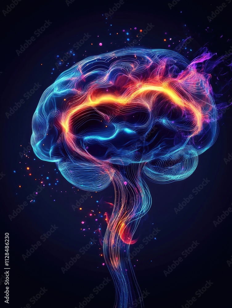 Abstract neural illustration of a glowing brain with electric patterns in vibrant colors on a dark background, suitable for science posters, innovation, and medical themes.. Abstract neural illustration of a glowing brain with electric patterns in vibrant colors on a dark background, suitable for science posters, innovation, and medical themes..