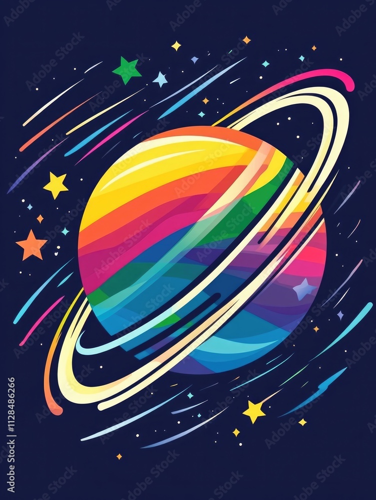 Modern cosmic illustration of a rainbow-colored planet with rings surrounded by shooting stars on a dark space background, perfect for posters, decor, and events with copy space.. Modern cosmic illustration of a rainbow-colored planet with rings surrounded by shooting stars on a dark space background, perfect for posters, decor, and events with copy space..