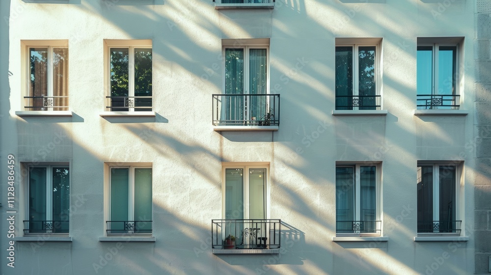 Parisian minimalist building, modern facade, full wall with windows and doors, sunny afternoon light, serene urban scene, no people visible.
