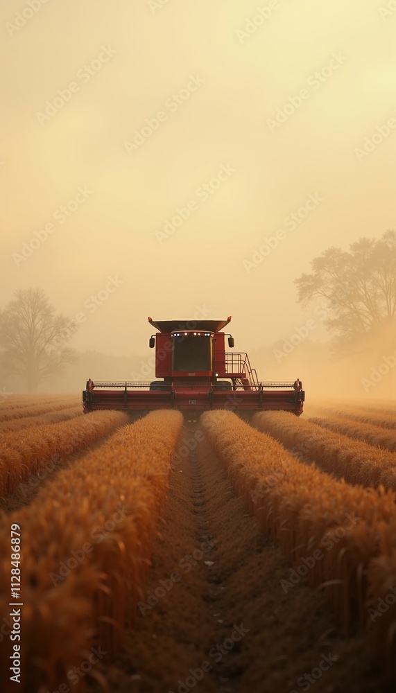 Fototapeta premium Harvesting golden fields during a misty morning, a combine harvester cuts through waves of ripe crops under soft, diffused light