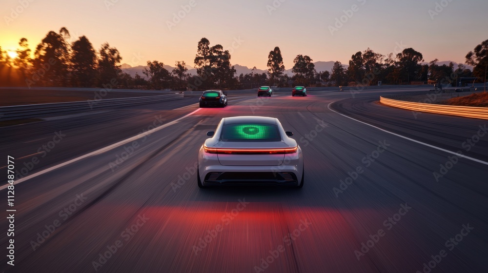 Fototapeta premium A sleek white car races on a track at sunset, showcasing advanced technology with glowing graphics on its rear.