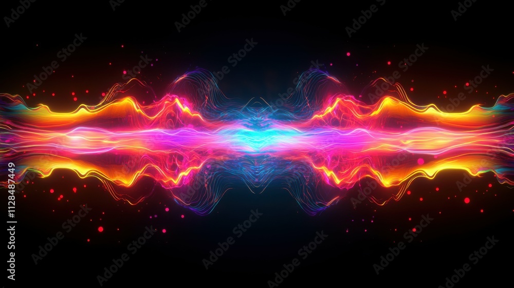 Fototapeta premium Sound wave visualization with vibrant neon colors, soft glowing edges, isolated on a dark background, dynamic and futuristic, modern music technology
