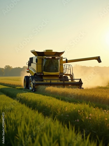 Harvesting golden grains at sunset with a combine harvester working tirelessly in a lush green field, showcasing rural life and farming