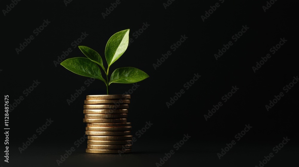 Green plant growing from a stack of gold coins Green plant growing from a stack of gold coins