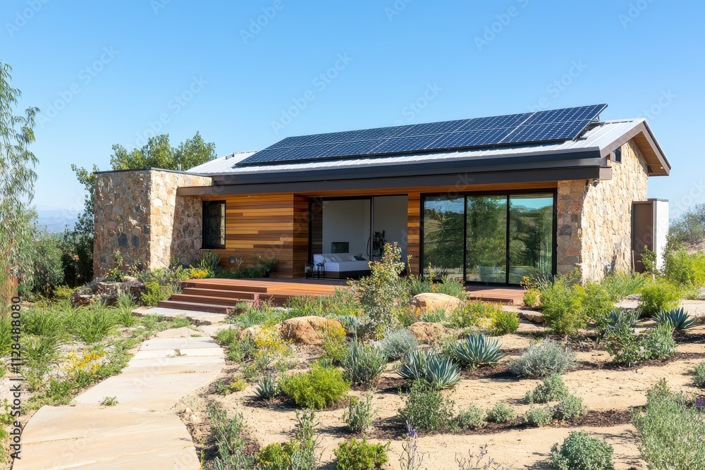 Fototapeta premium Modern eco-friendly house with solar panels surrounded by lush greenery.