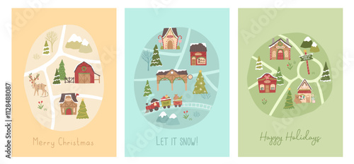 Collection of Winter Christmas north pole of reindeer, train and stores map vector illustration layout