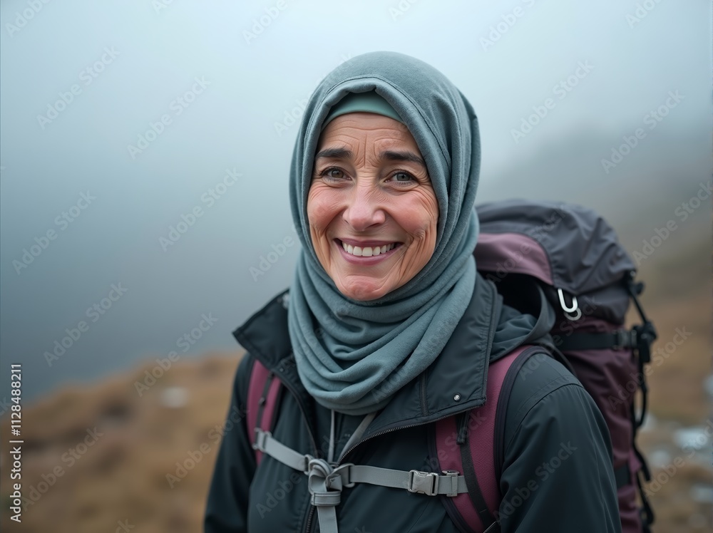 Smiling Muslim woman hiker in the misty mountains, capturing the beauty of nature and the joy of adventure during her trek Smiling Muslim woman hiker in the misty mountains, capturing the beauty of nature and the joy of adventure during her trek