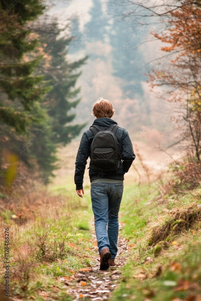Young male hiker walking on a path through autumn forest Young male hiker walking on a path through autumn forest