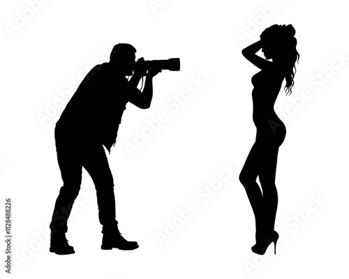 Male photographer taking pictures of a sexy woman model in studio on white background silhouette.