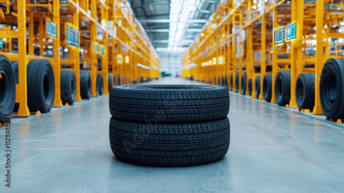 A warehouse interior featuring stacked tires on a smooth floor, with rows of shelves filled with more tires illuminated by bright overhead lights.