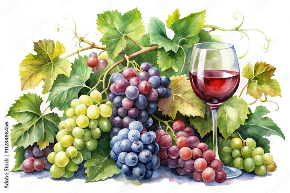 Naklejka premium Vibrant watercolor wine grapes, red and white vines, isolated botanical art print, perfect for wine harvest decor.