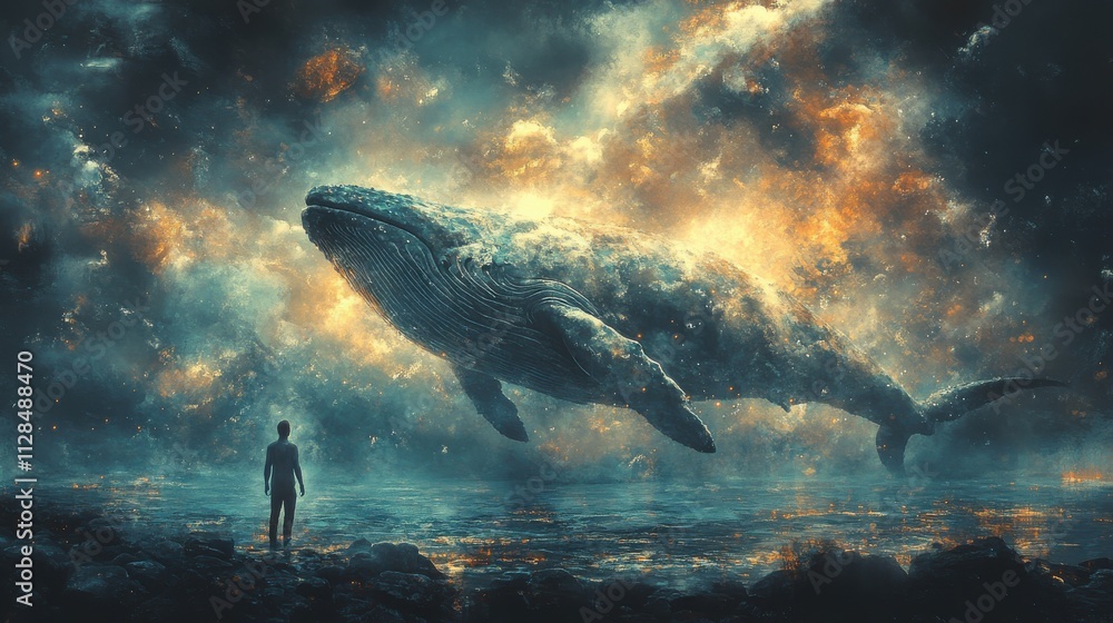 Fototapeta premium jonah and the whale illustration of a whale swimming close to the silhouette of a man in water digital watercolor painting