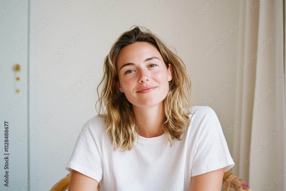 Caucasian young female with natural smile in casual white t-shirt sitting indoors Caucasian young female with natural smile in casual white t-shirt sitting indoors