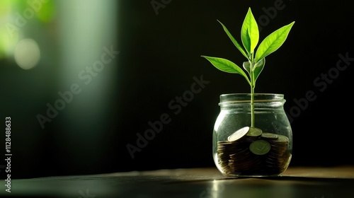 Growth of investment: plant emerging from coins in jar photo