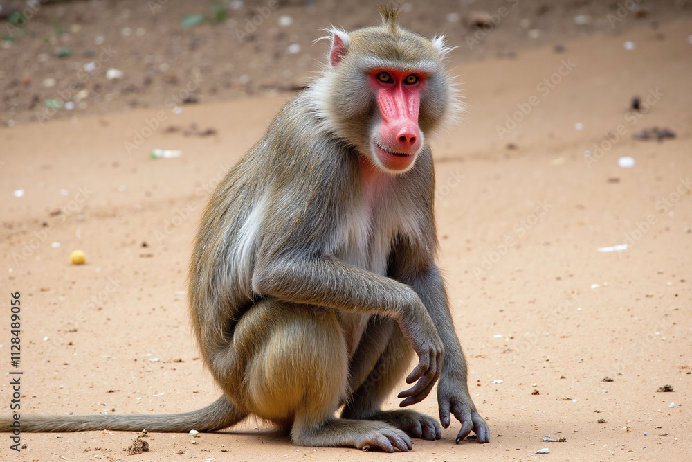 Baboon mandrill sandy ground grey white coat red face nose Baboon mandrill sandy ground grey white coat red face nose