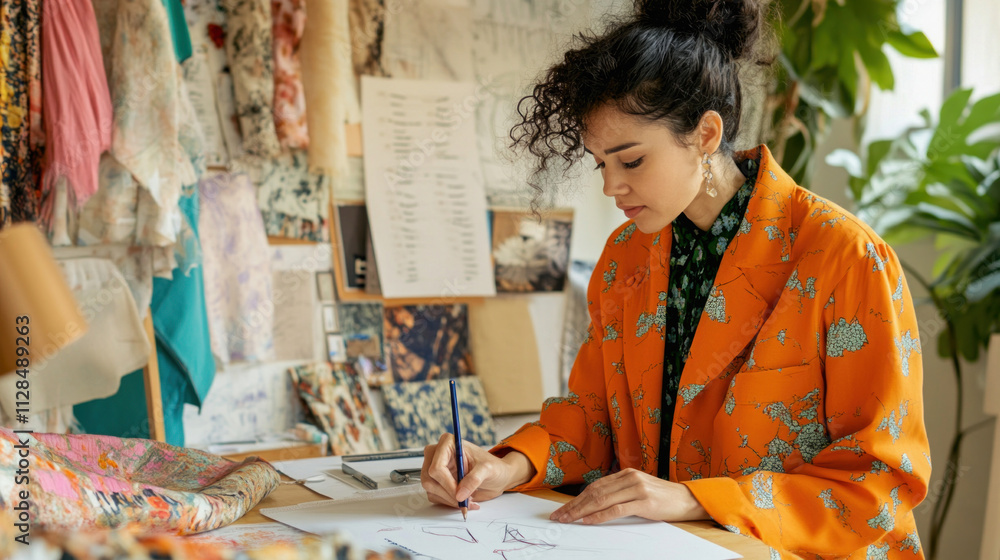 Fashion designer drawing sketches in creative studio surrounded by fabric samples Fashion designer drawing sketches in creative studio surrounded by fabric samples