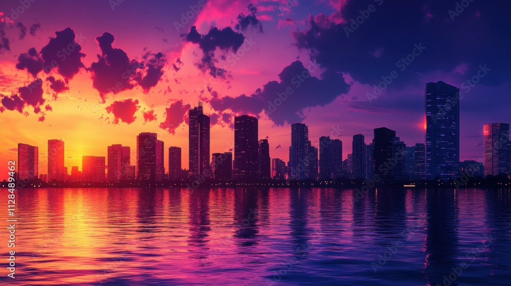 Fototapeta premium twilight view of modern cityscape, silhouettes of high-rise buildings, glowing sky in vibrant hues, calm waters below, peaceful and serene mood