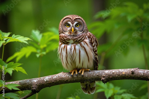 Barred Owl perched branch green foliage brown white striped chest
