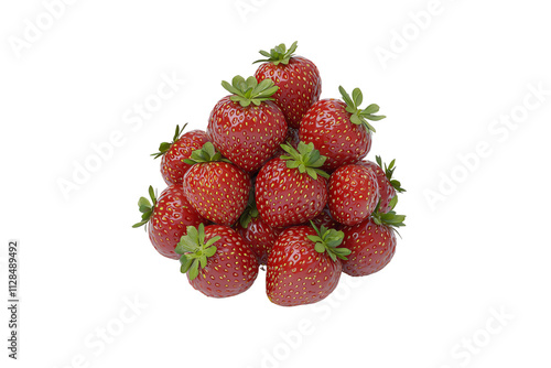 A cluster of fresh, ripe strawberries with vibrant red color and green leafy tops.