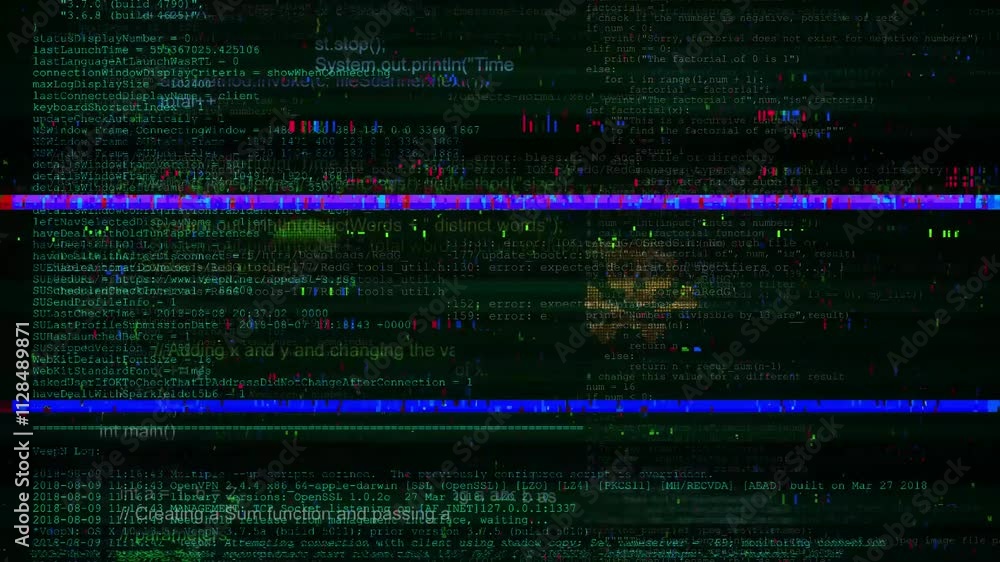Digital glitch effect Cyber security Virus code hack concept. Error signal, malware, crime, spying software technology. system hacking attack. system crash, error message. glitch computer internet 3D