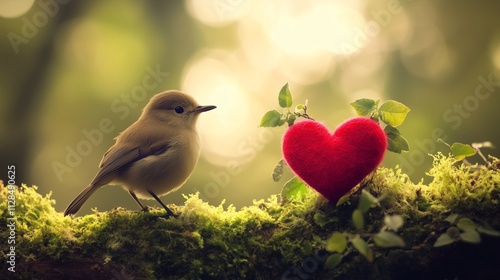 Bird perched beside a red felt heart on moss representing gentleness and the beauty of nature