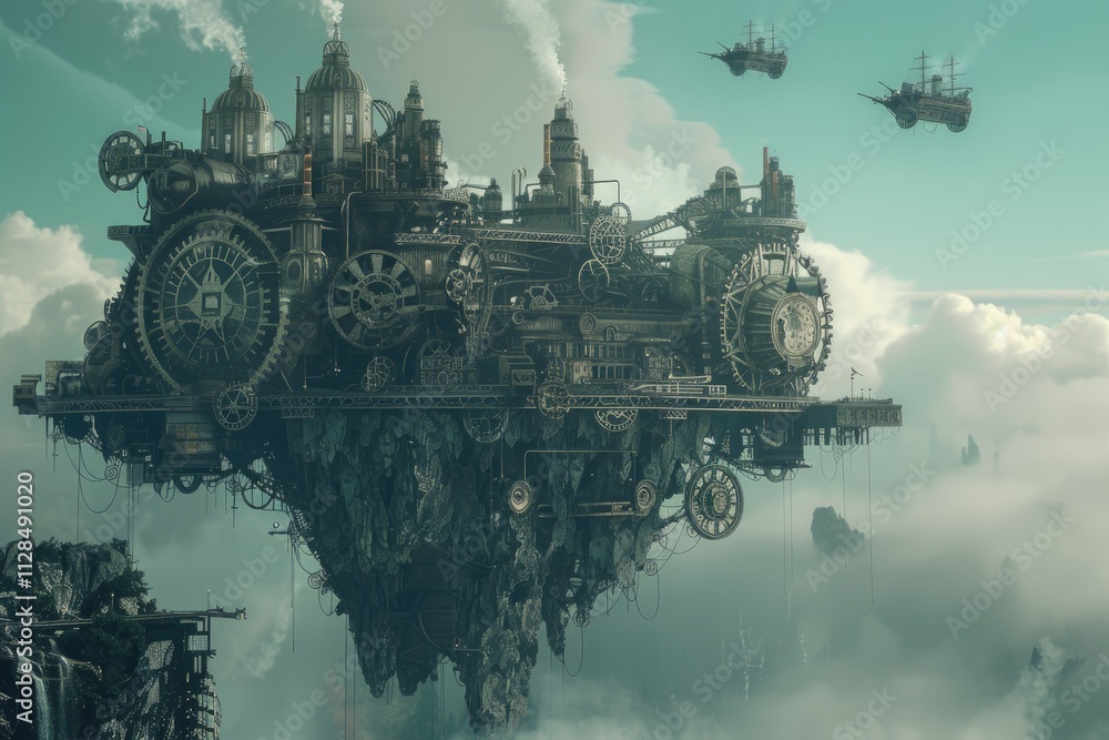 A steampunk city floats among the clouds above a misty landscape A steampunk city floats among the clouds above a misty landscape