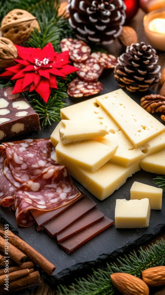 Colorful charcuterie board showcases mozzarella, salami roses, and festive decorations, perfect for a Christmas celebration with friends and family Colorful charcuterie board showcases mozzarella, salami roses, and festive decorations, perfect for a Christmas celebration with friends and family