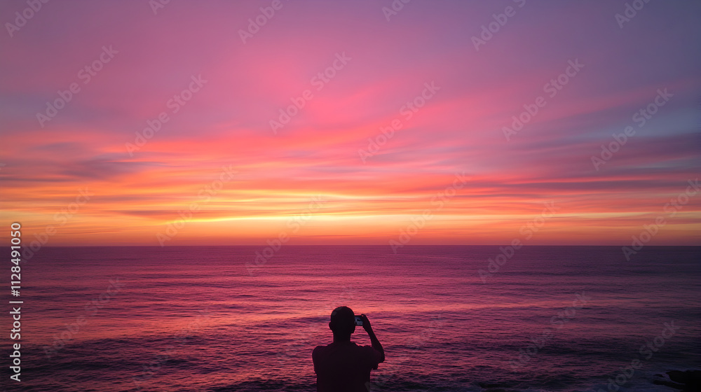 A person taking a photo of a beautiful sunset over a calm ocean, with the sky painted in pink, purple, and orange hues. Capturing sunset over ocean. A person taking a photo of a beautiful sunset over a calm ocean, with the sky painted in pink, purple, and orange hues. Capturing sunset over ocean.