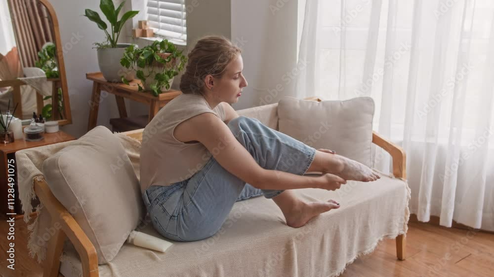 Wide shot of Caucasian young woman in casualwear using lotion while hydrating skin on her feet when sitting on couch at home Wide shot of Caucasian young woman in casualwear using lotion while hydrating skin on her feet when sitting on couch at home