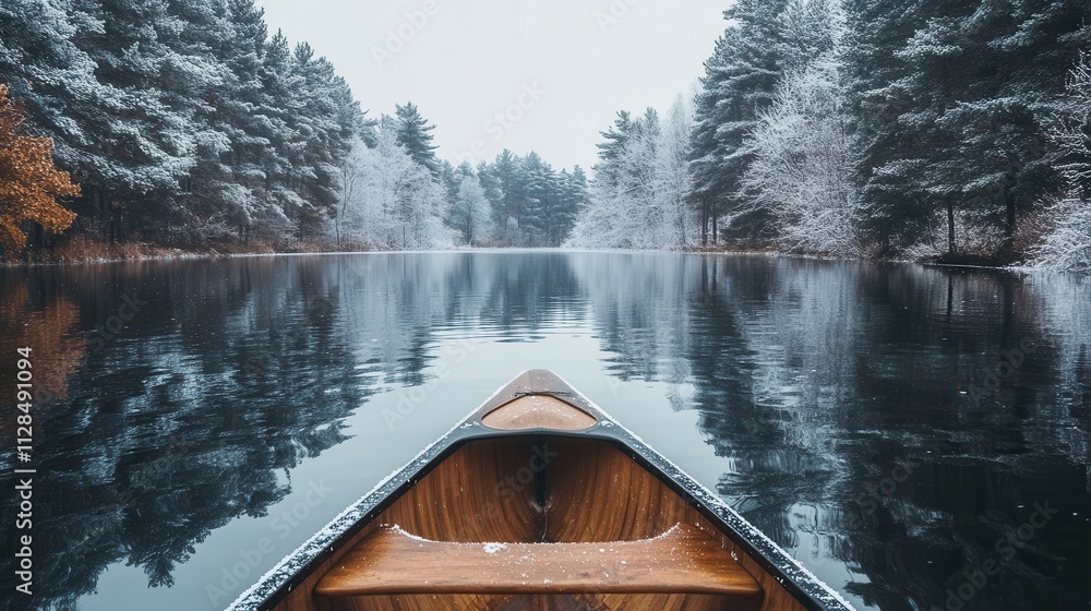 Canoe on a calm, snow-covered lake. Perfect for winter, serenity, and travel themes. Canoe on a calm, snow-covered lake. Perfect for winter, serenity, and travel themes.