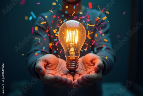 Illuminating creativity with a glowing lightbulb surrounded by colorful confetti, symbolizing new ideas and innovation in a dark setting photo