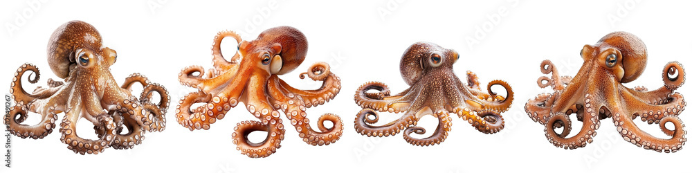 Diverse collection of multiple colorful octopus creatures with tentacles floating and swimming in an underwater marine environment or seascape Diverse collection of multiple colorful octopus creatures with tentacles floating and swimming in an underwater marine environment or seascape