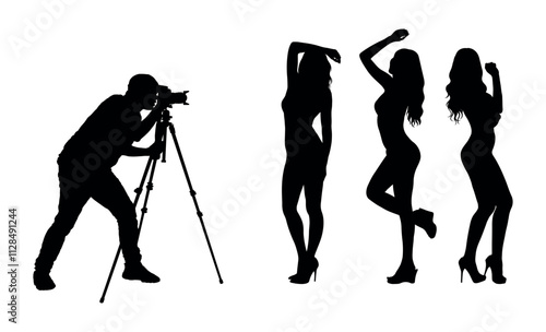 Male photographer with camera on tripod taking shot and shooting videos of group sexy women model in studio vector silhouettes.