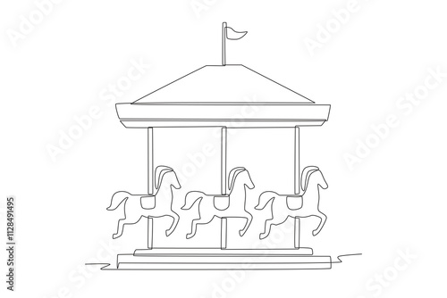 Horse carousel. Night market concept one-line drawing