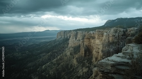 Craggy mountain landscape, dramatic cliffs, overcast sky, rugged beauty, untouched wilderness, monochromatic tones, wild and remote, outdoor adventure