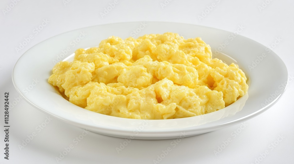 Fluffy scrambled eggs served on a white plate placed on a white table Fluffy scrambled eggs served on a white plate placed on a white table